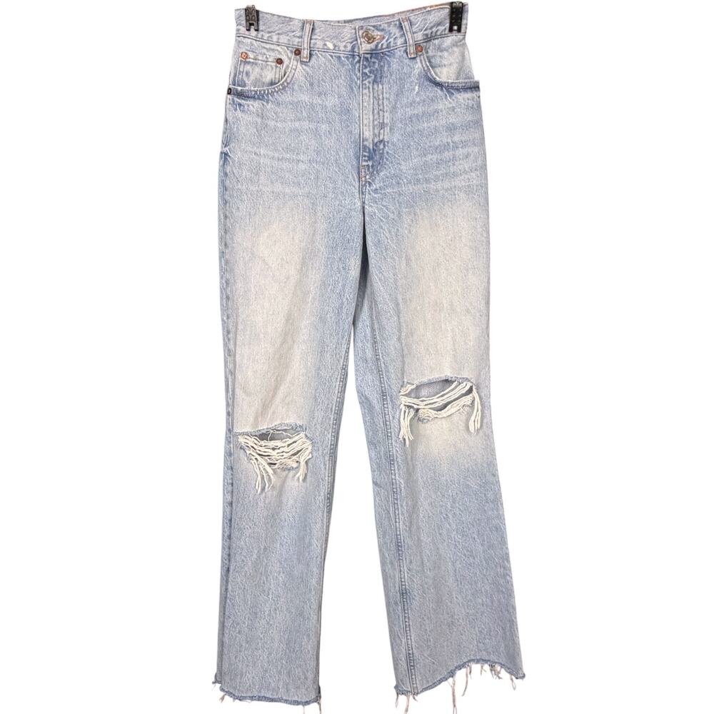 Zara Womens Size 2 High-Waisted Distressed Wide Leg Jeans Light Wash Denim